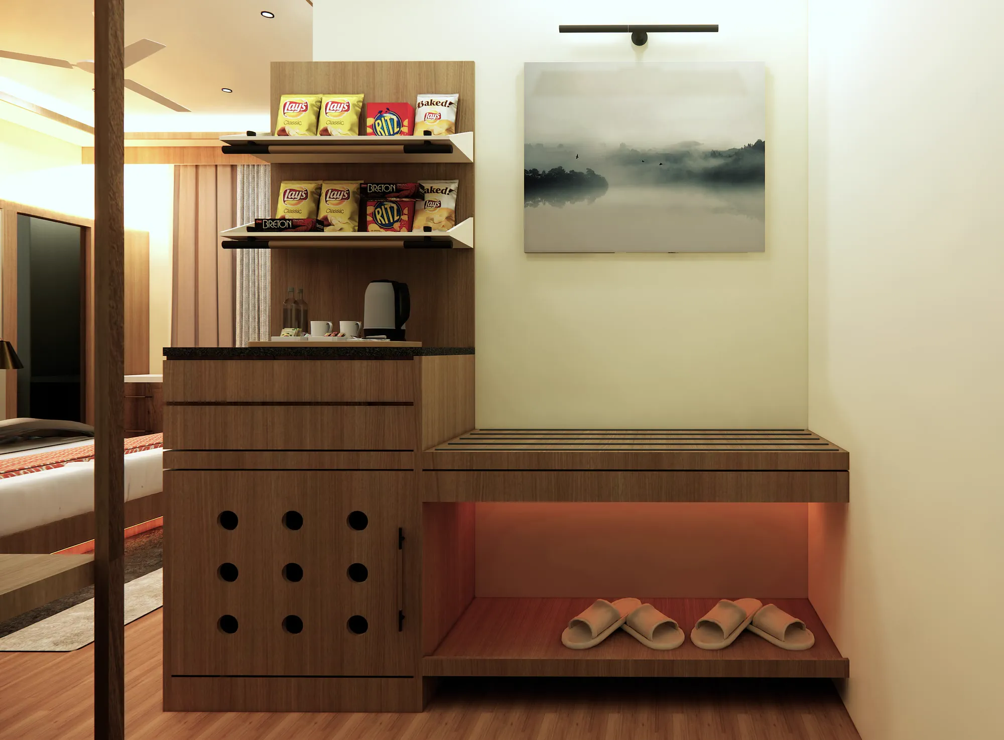 The deluxe tea counter in detail, granite over timber with a nine-hole perforated fridge door and snack shelves