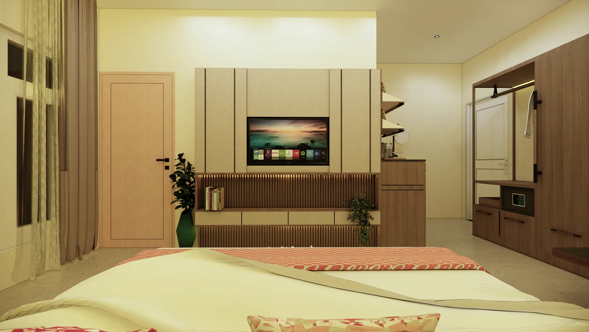 The deluxe TV panel, upholstered linen above a fluted timber band with a cove light