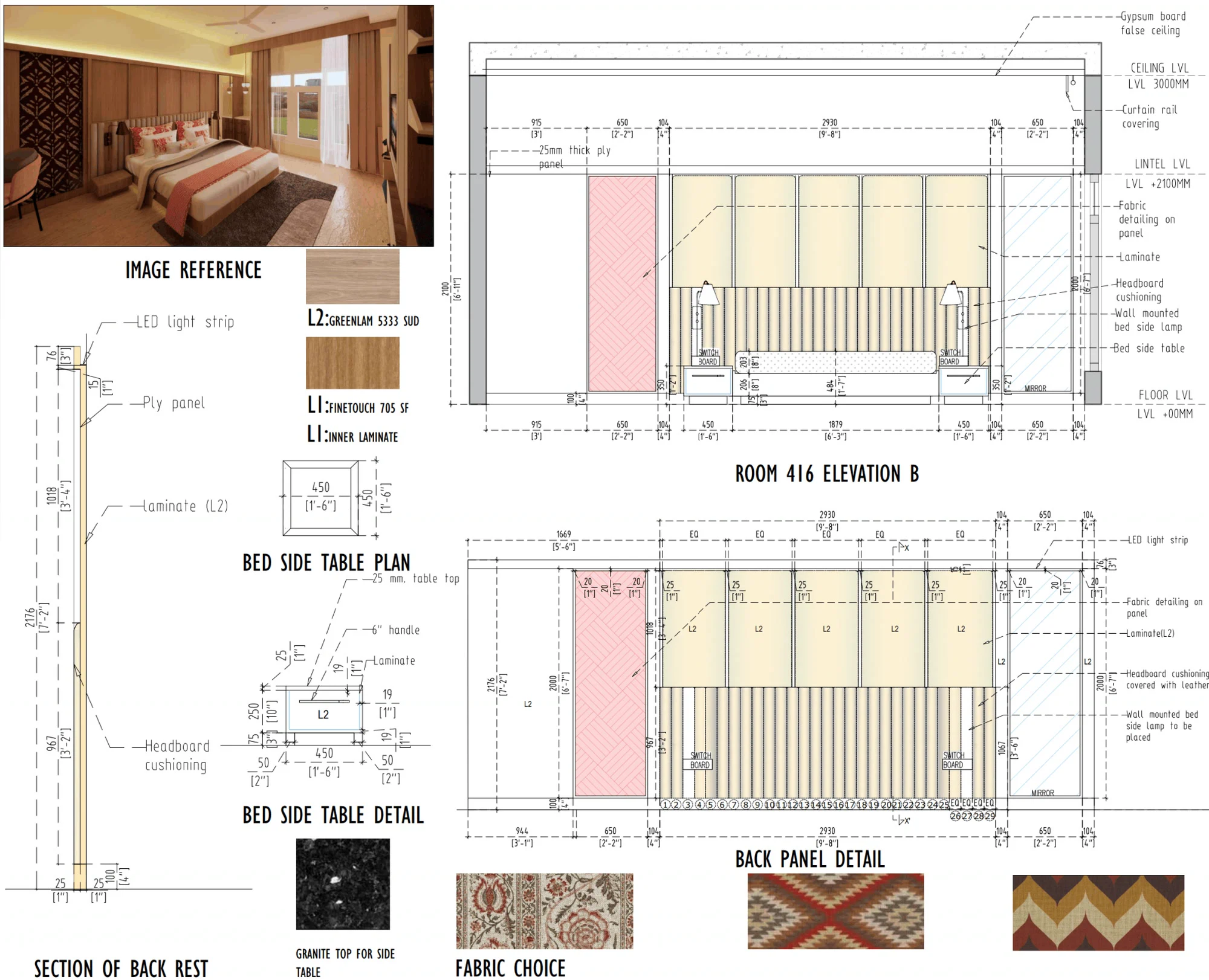 Working drawing of the room 416 bed back panel, elevation and section with materials and fabric choices