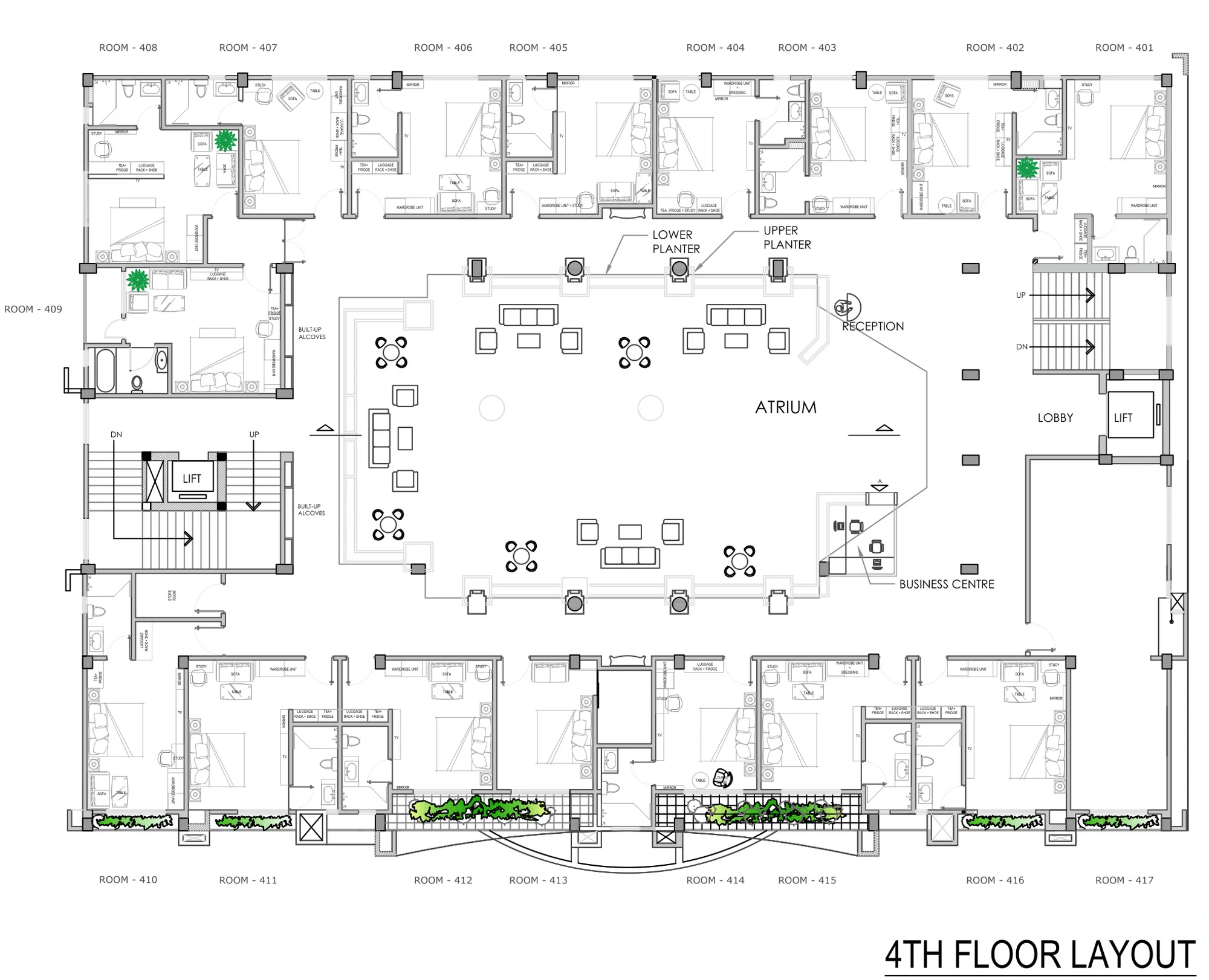 Hotel Royal Highness fourth floor — seventeen rooms wrapping a full-height atrium, with reception, business centre and two lift cores