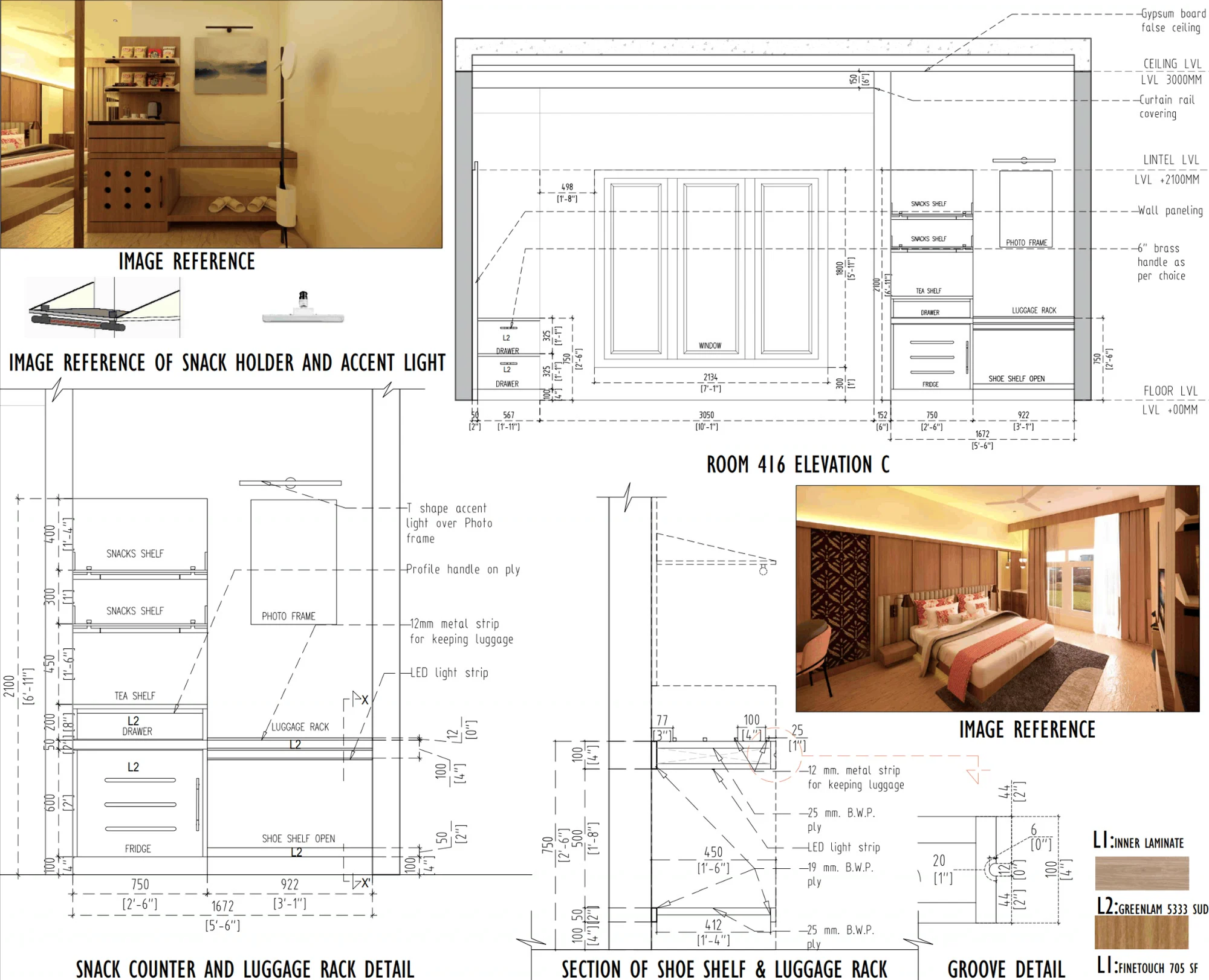 Working drawing of the room 416 window wall, with the snack counter, luggage rack and shoe shelf set out in elevation and section