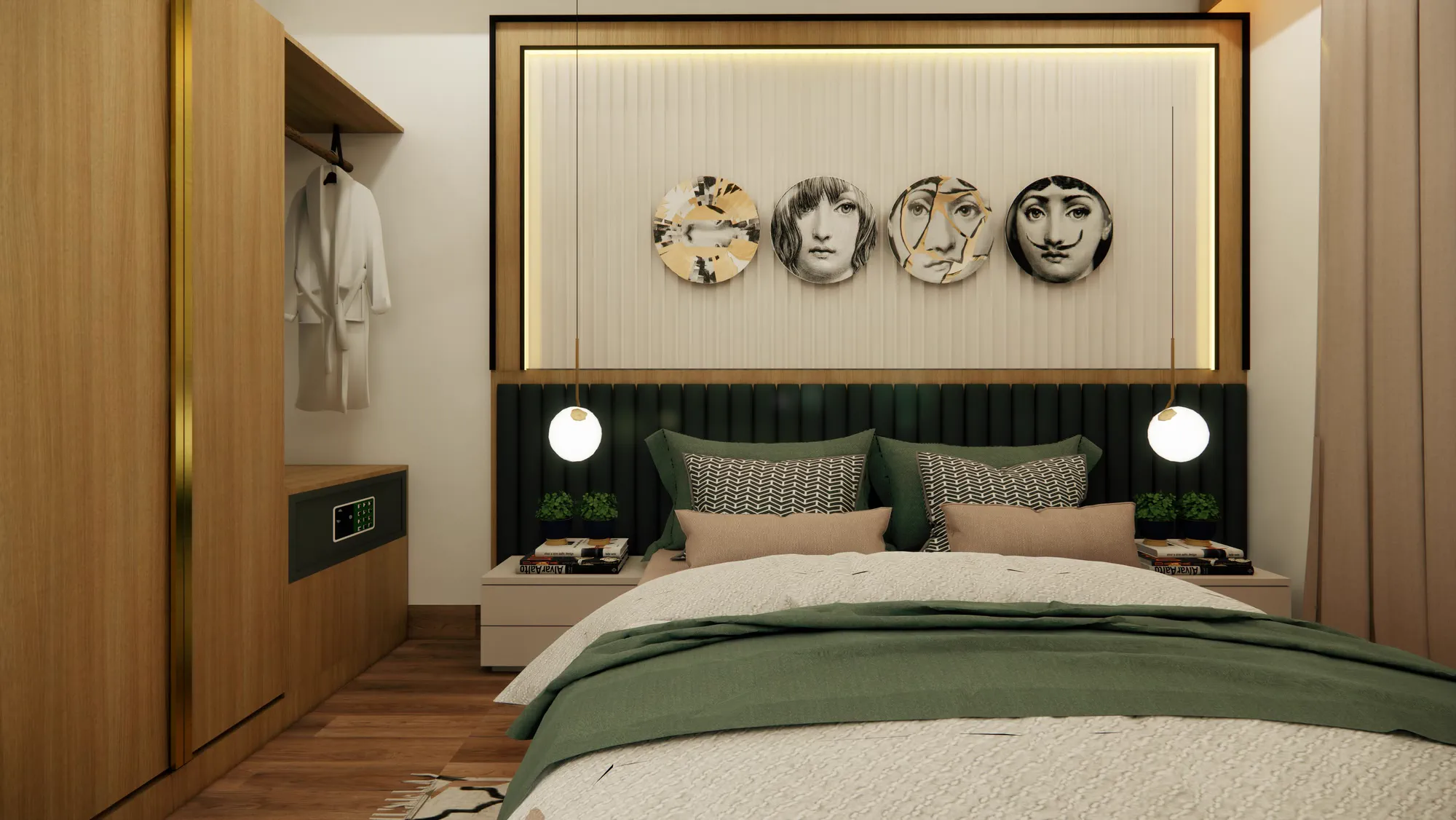 The premium bed wall, deep green channelled velvet under a backlit fluted panel hung with four face plates