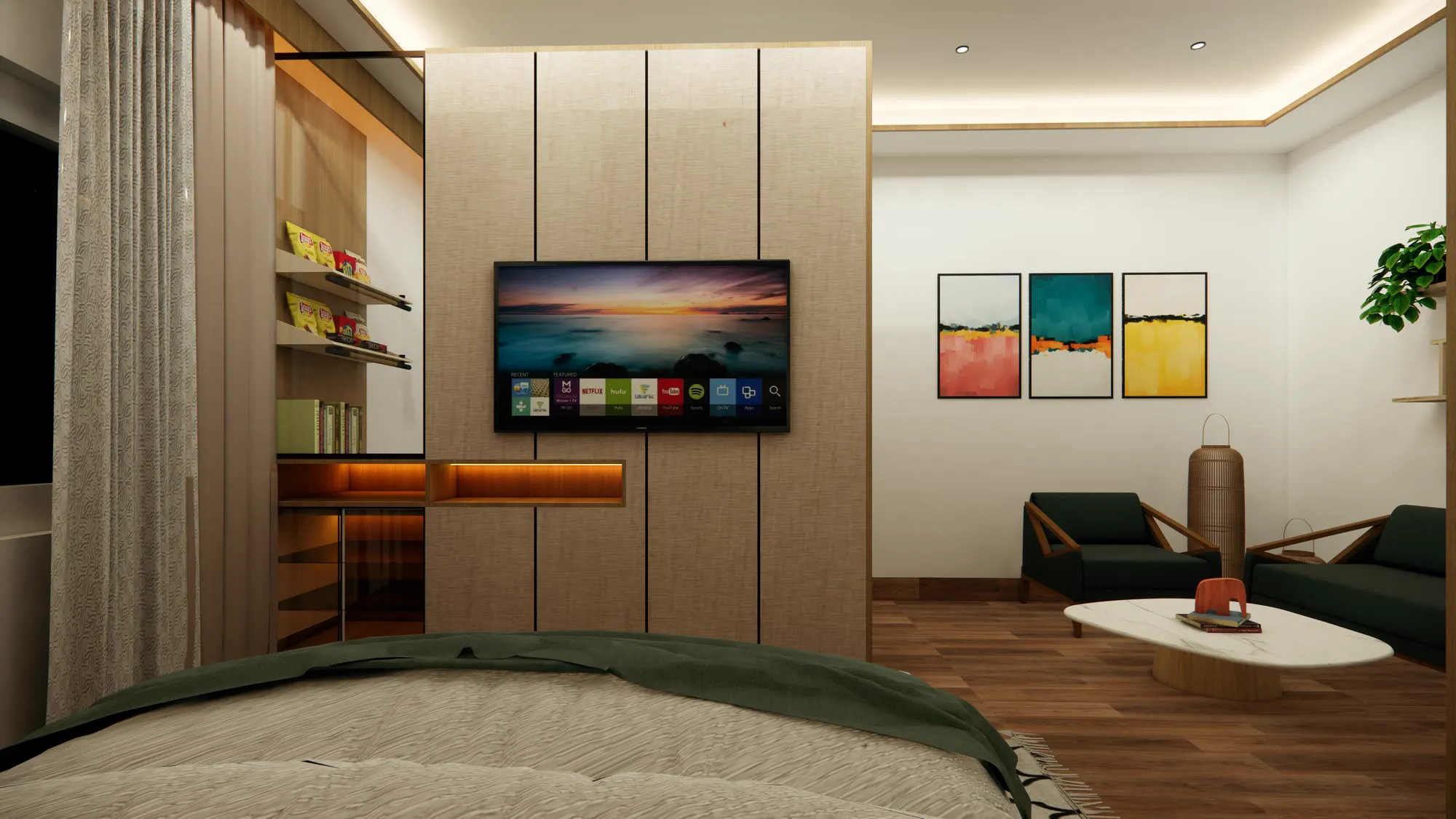 The premium TV on a grasscloth panel, with two green armchairs and an oval marble table beyond