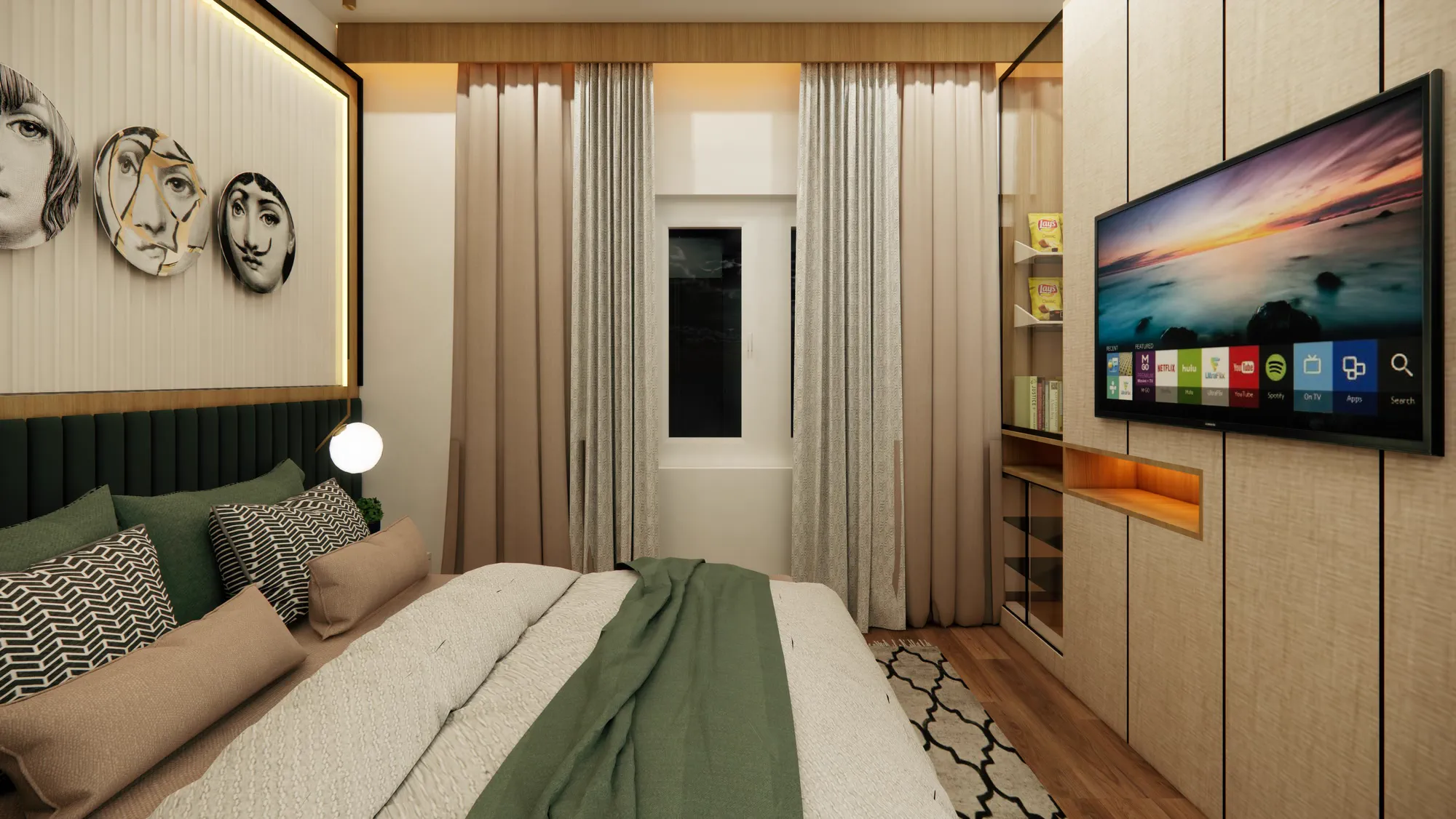 The premium room from the far side of the bed, the window between its curtains and the service wall opposite