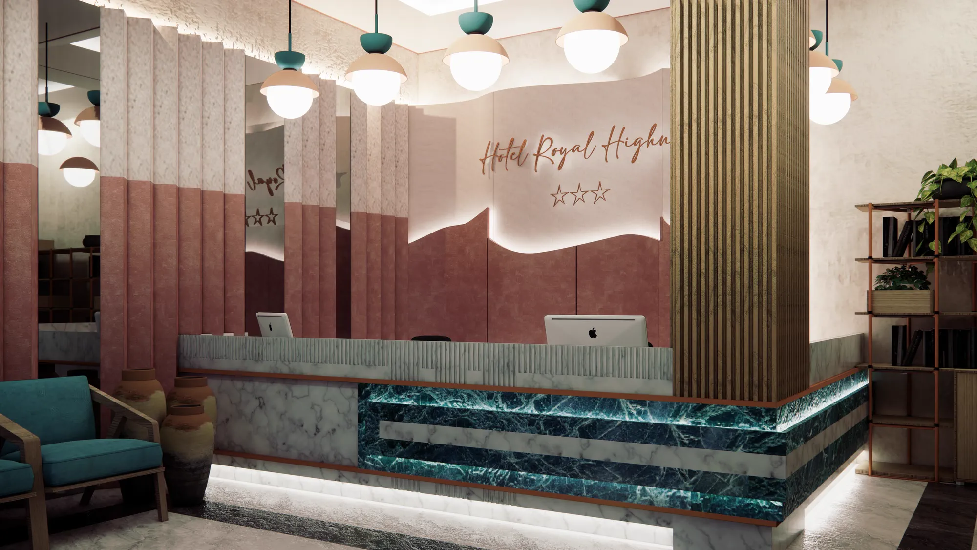 The reception desk in close-up, white marble with a green marble block set into the front