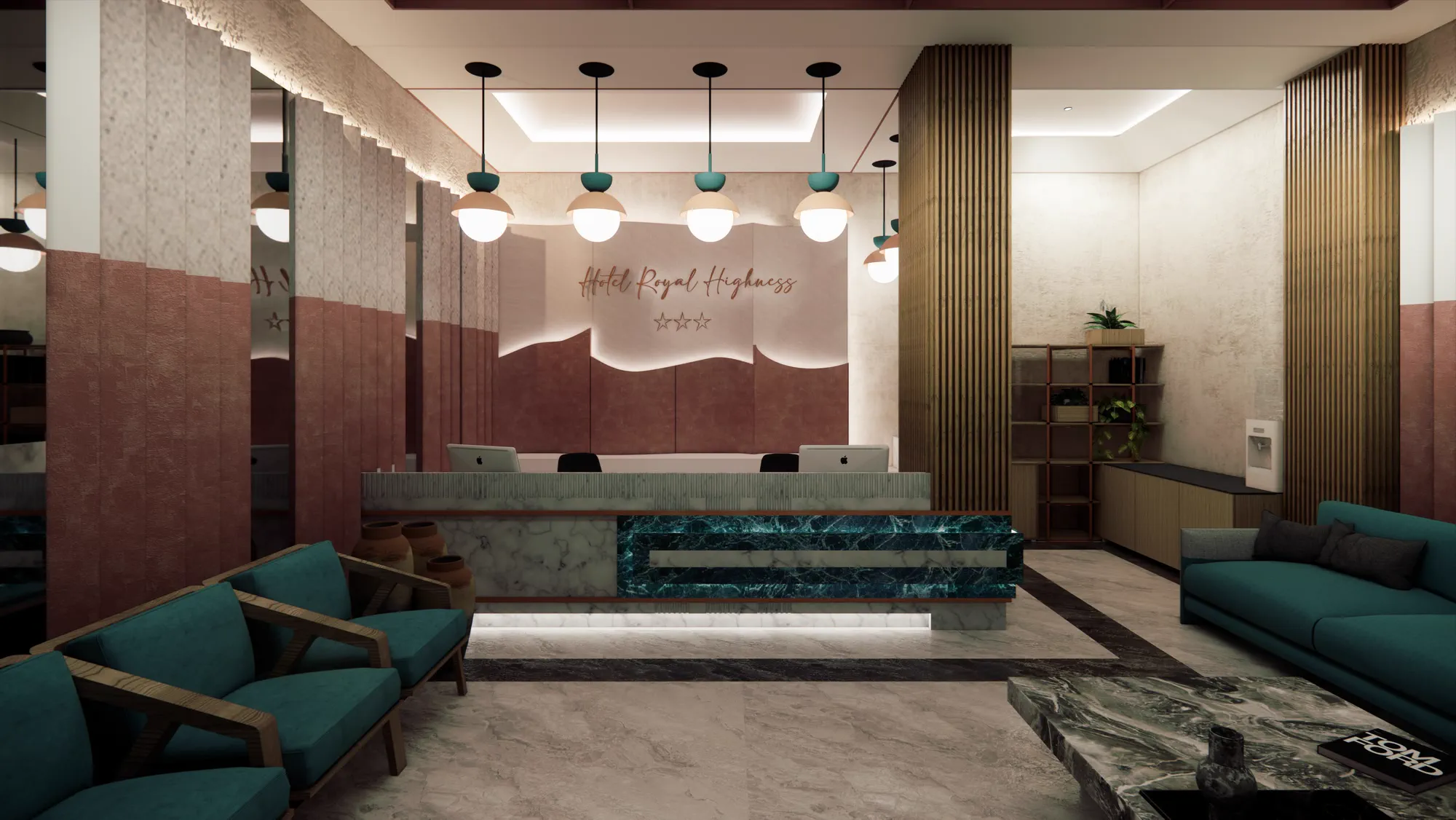 The reception straight on, the hotel name in copper script on a backlit landscape relief behind the desk