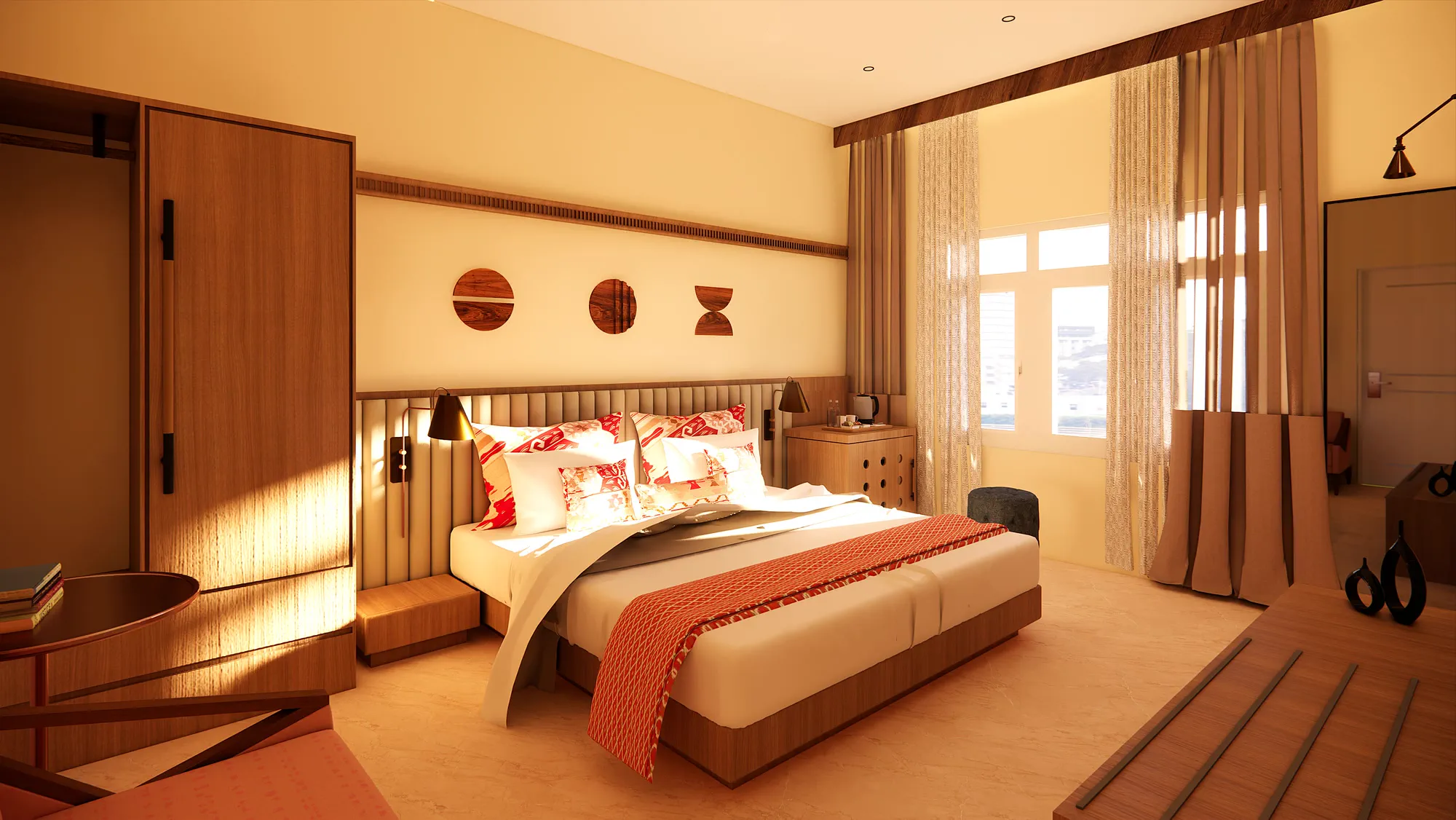 The standard room from the entrance, a sage channel-tufted headboard with three timber discs above it