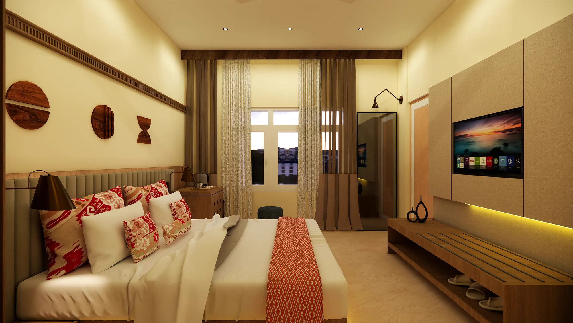 The standard room towards the window, the TV on a fabric panel over a slatted timber bench