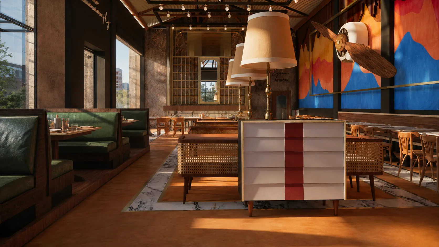 Looking down the room from the bar end, green leather booths along the glazing
