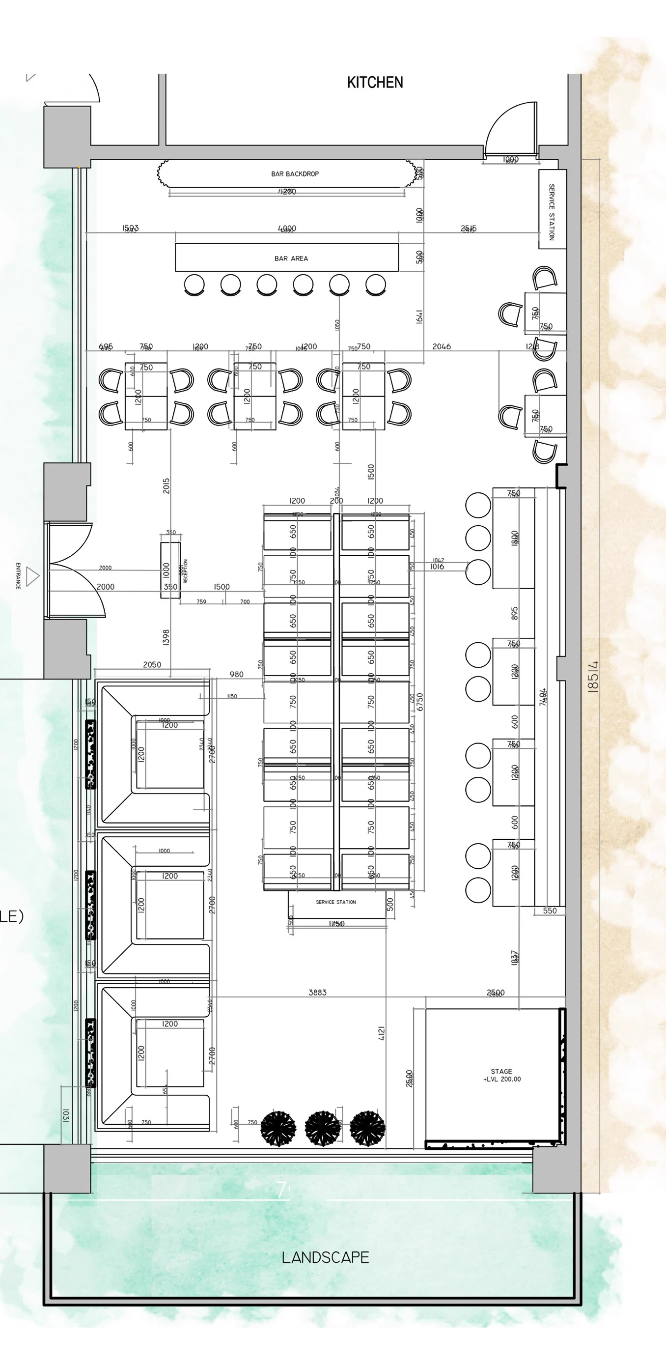 Furniture layout plan showing kitchen, bar, booth seating, banquettes, stage and landscape strip