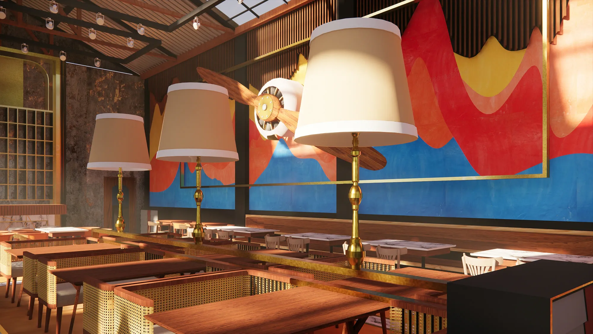 Three oversized lamps on brass stems set down the centre of the room, the propeller behind them