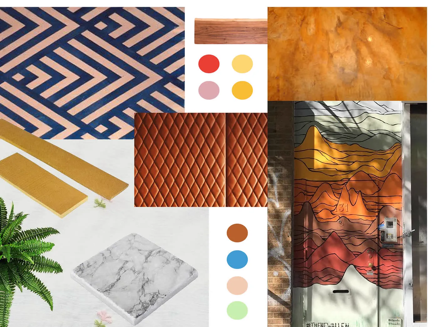 Material board: navy and blush parquet, brass strip, white marble, quilted terracotta tile and a painted door