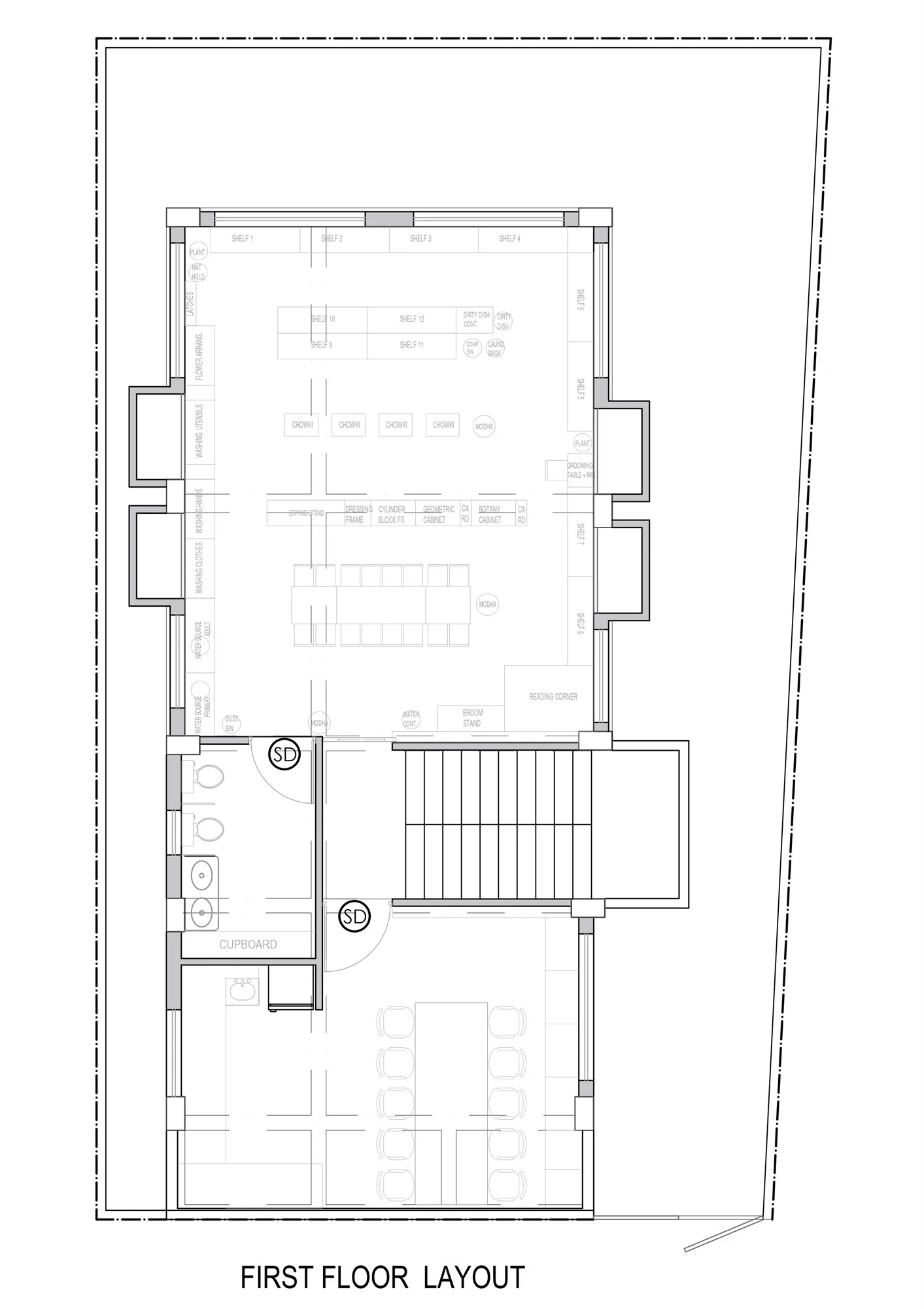 First floor layout of the primary environment with twelve numbered shelves