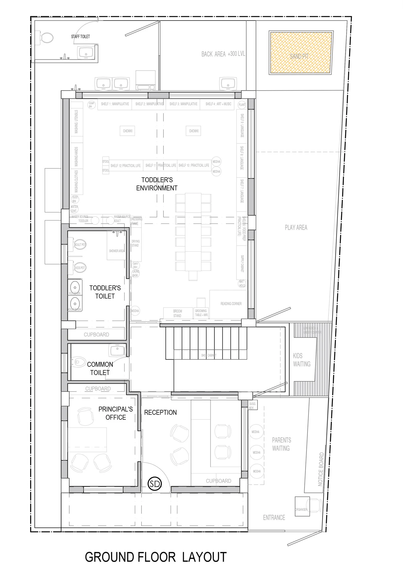 Ground floor layout with the toddler environment, toilets, reception and play area labelled