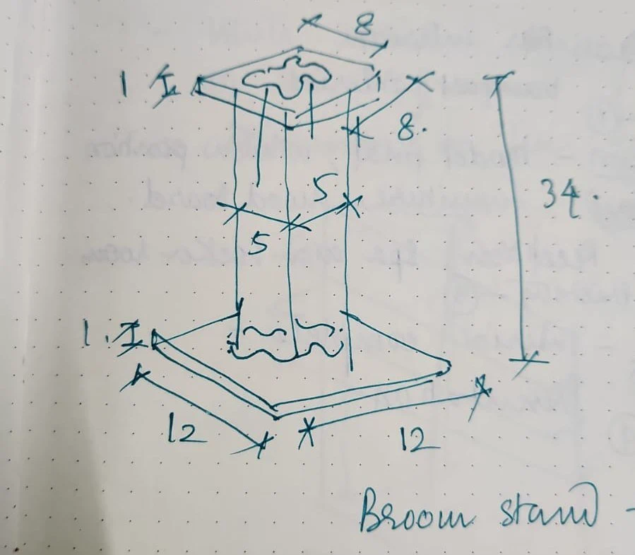 Sketch of the broom stand in isometric with dimensions