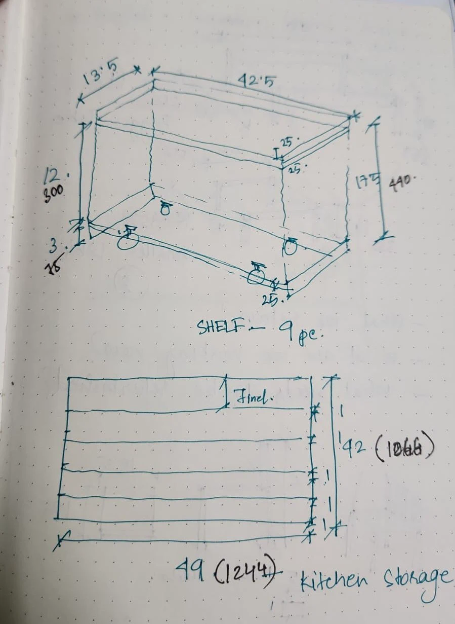 Sketch of the shelving unit and kitchen storage with dimensions