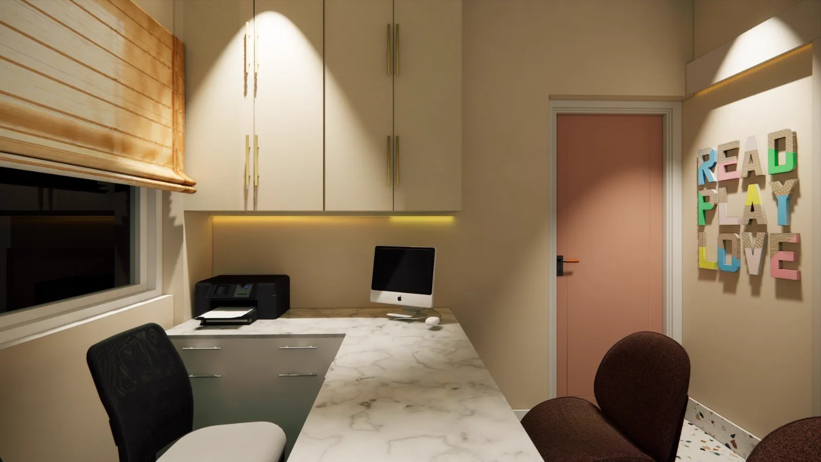 The reception desk with a marble top and lettering on the wall