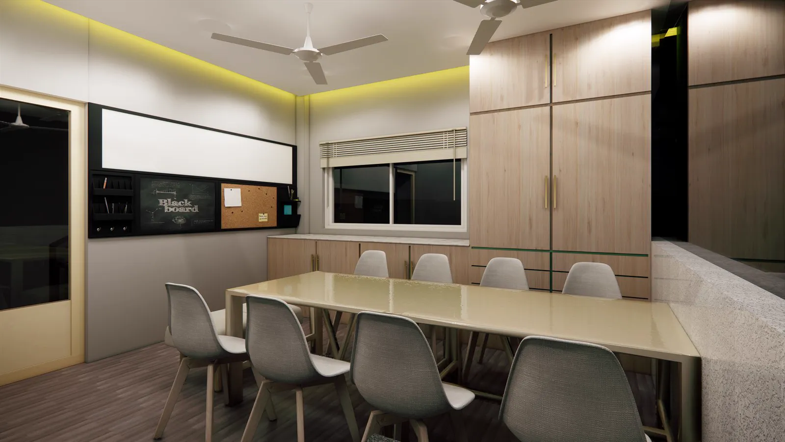 The staff room with a long table, whiteboard and blackboard