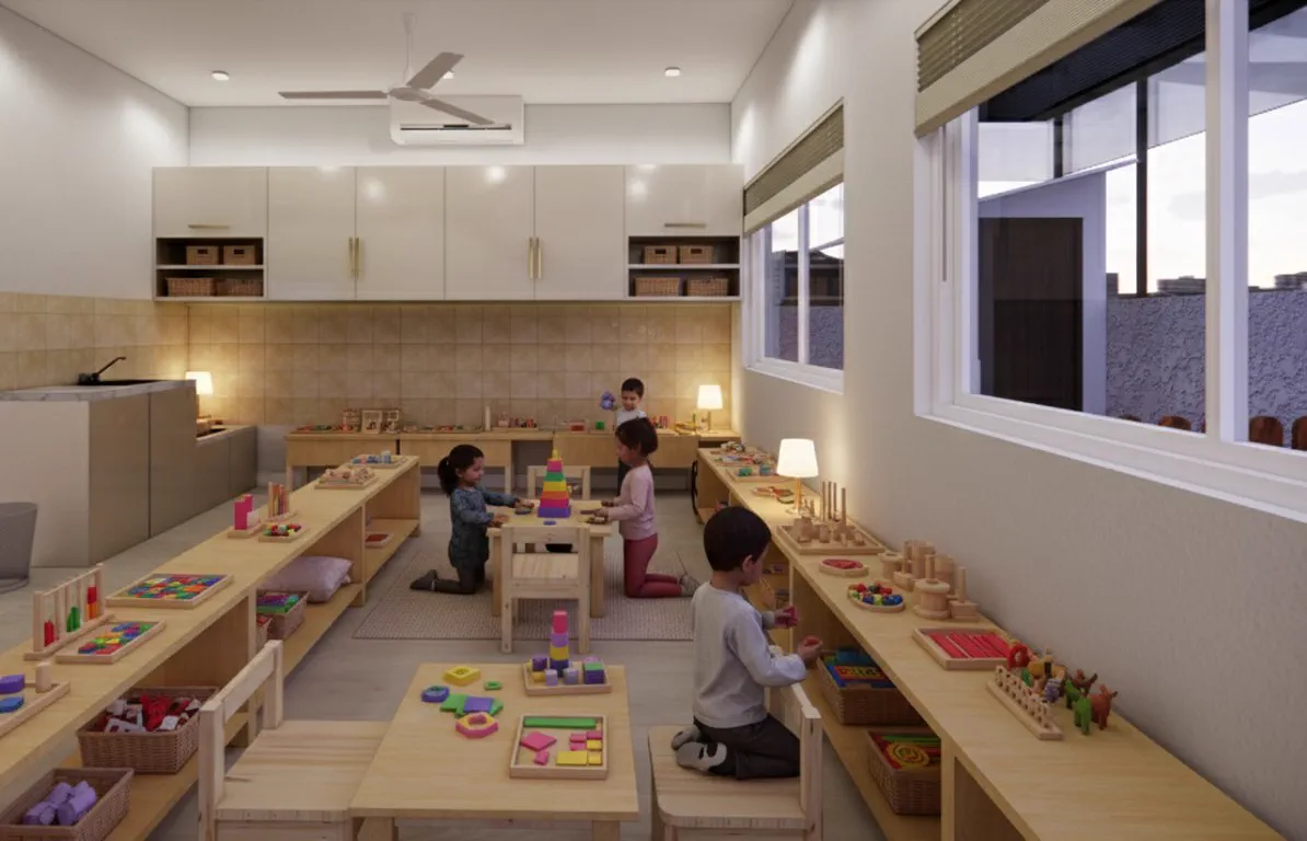 The toddler environment with its own low shelves and kitchenette