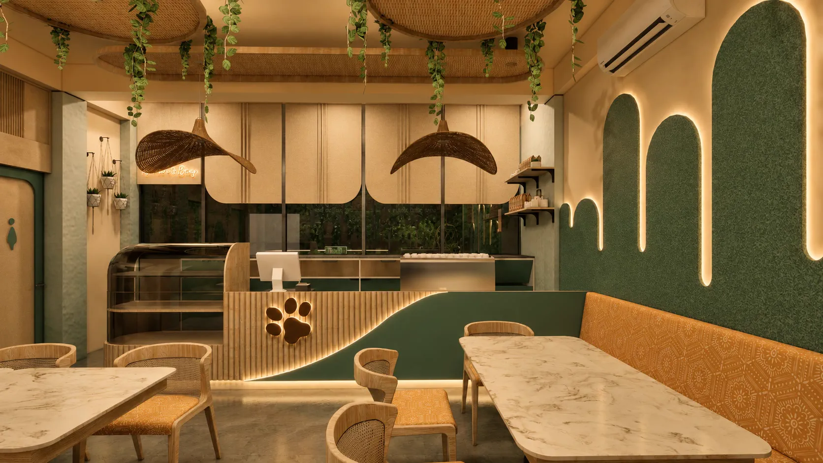 The Pow-ow café counter — fluted timber with a backlit paw print cut into its face