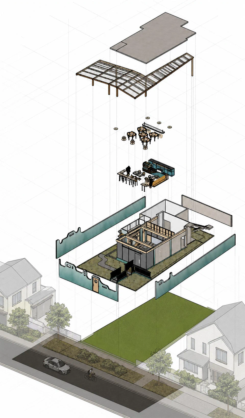 Exploded axonometric of the caf&eacute;, from the roof slab down to the boundary wall and the strip of turf at the footpath