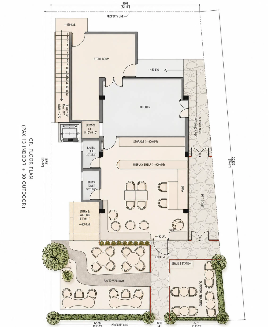 Rendered ground floor plan of the caf&eacute;, annotated with room names, levels and plot dimensions