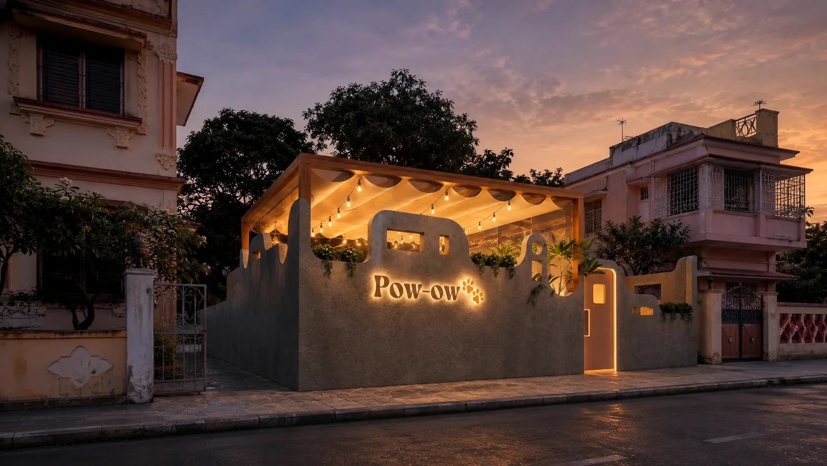 Pow-ow at dusk, the lit sign on its curved parapet