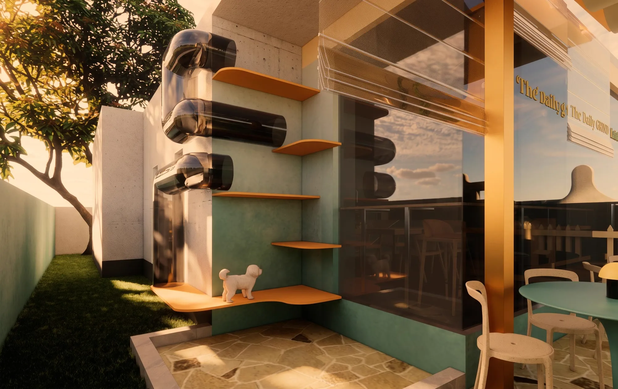 The pet corner, orange ledges cantilevered up a green wall with smoked-glass tunnel pods between them and a small dog on the lowest ledge