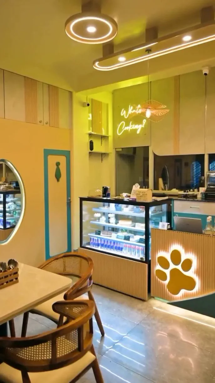 Built: the counter with its backlit paw print on fluted MDF, a stocked display cabinet and a neon sign above