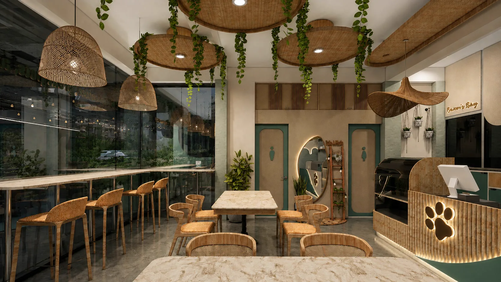 The washroom wall, two teal arched doors with cut-out figures flanking a round backlit mirror, and a marble bar along the glazing