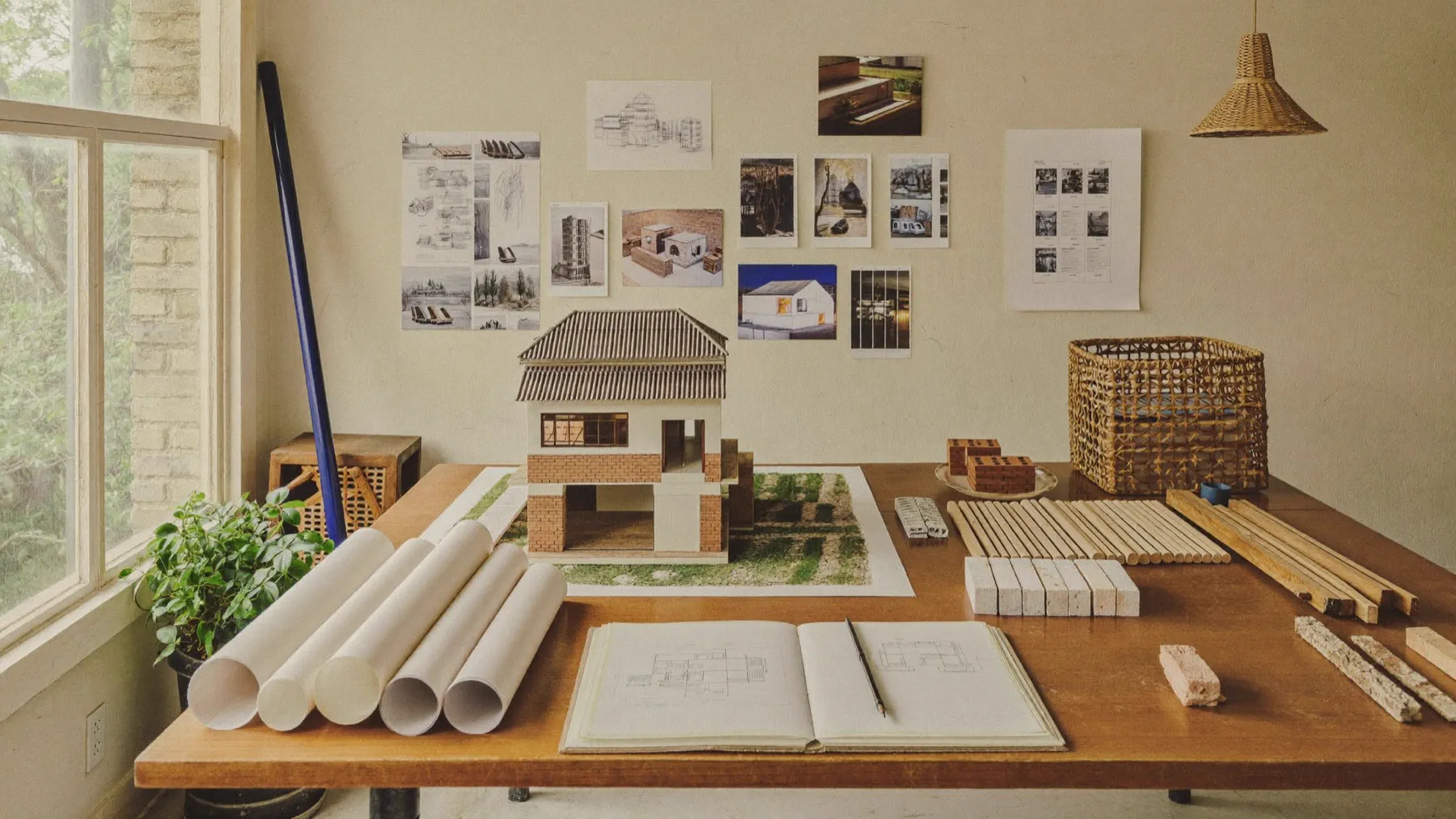 The studio worktable — a site model, material samples and drawings in progress