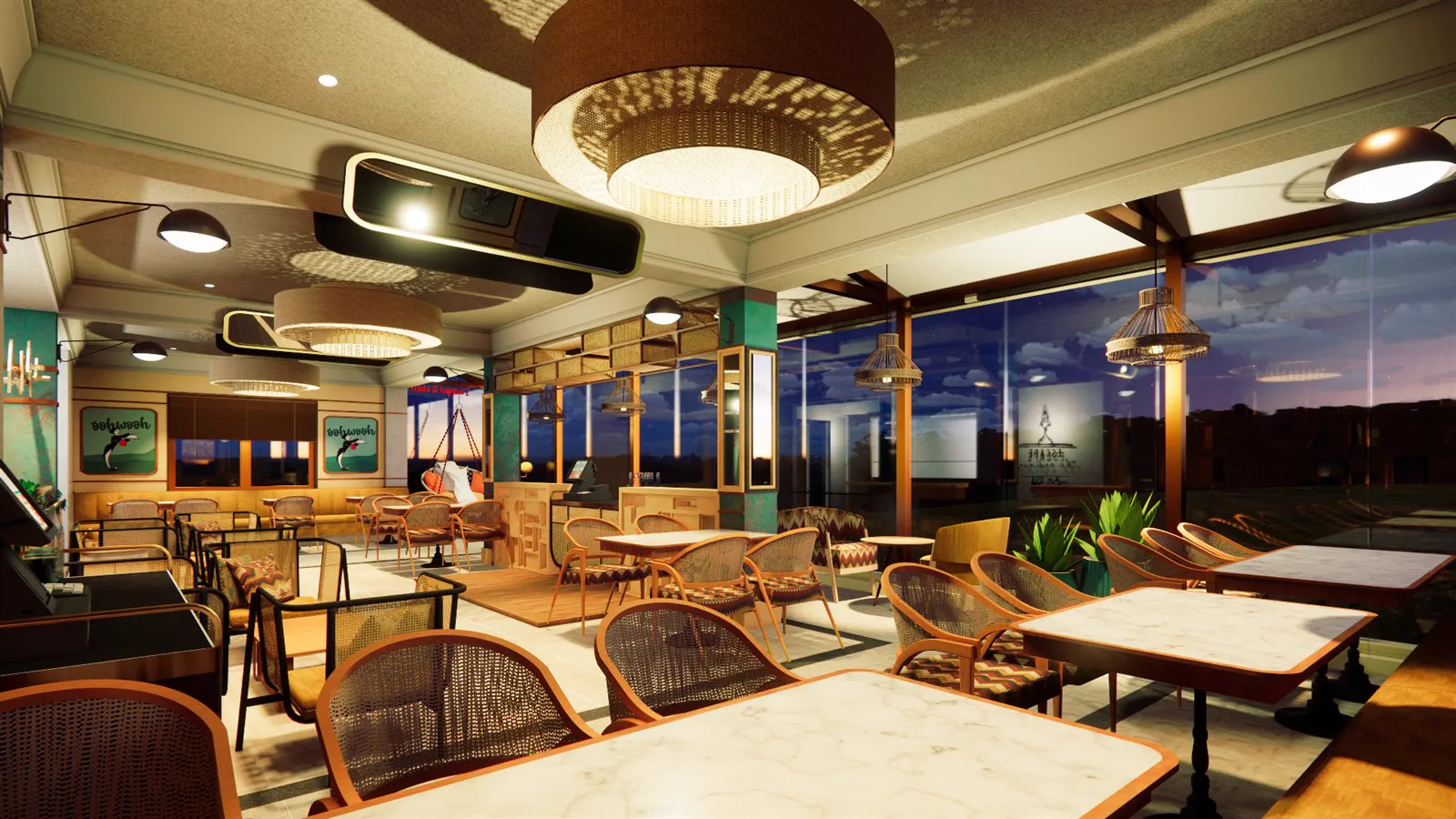 Render of the dining room at dusk with glazing on two sides