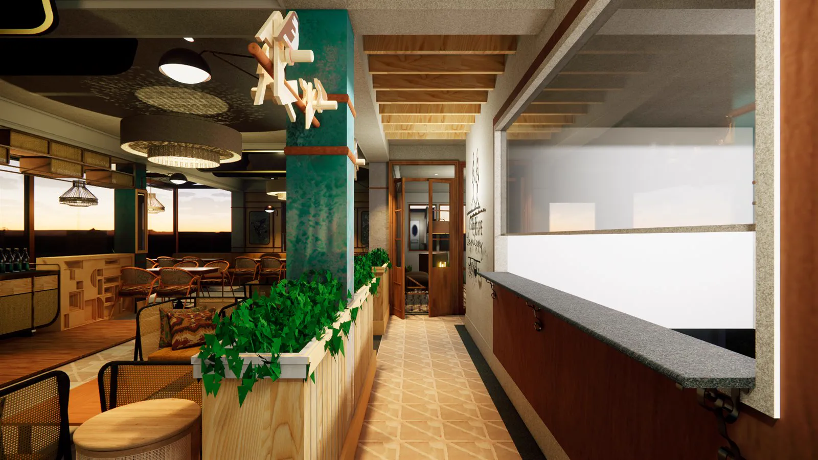 Render of the corridor from the entrance, with the service counter to one side