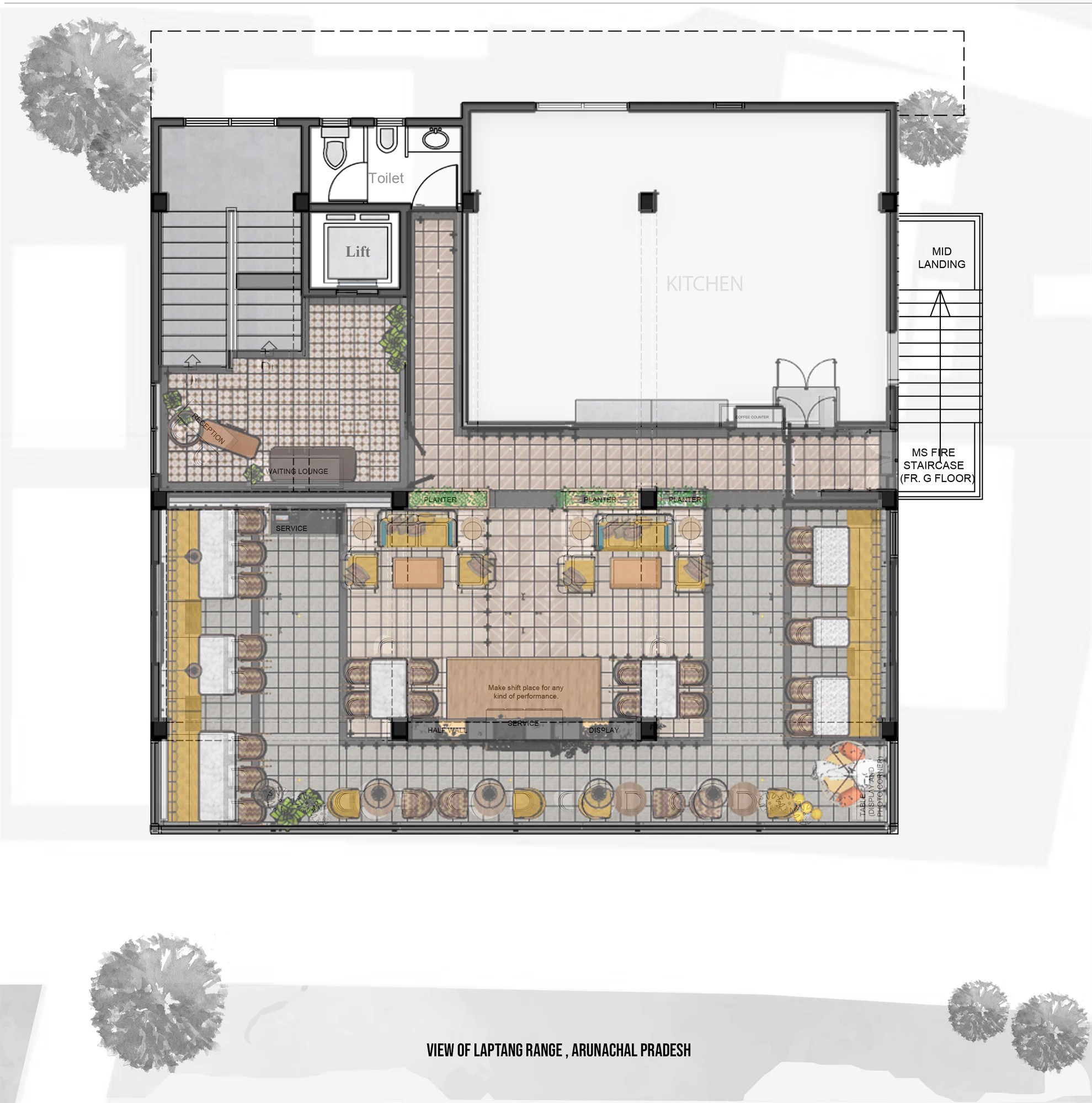 Furniture layout plan of the cafe, annotated, captioned with the view of the Laptang range