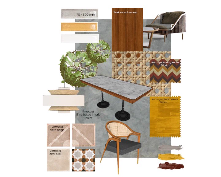 Material board with tiles, veneer, cane, fabrics and lime paint