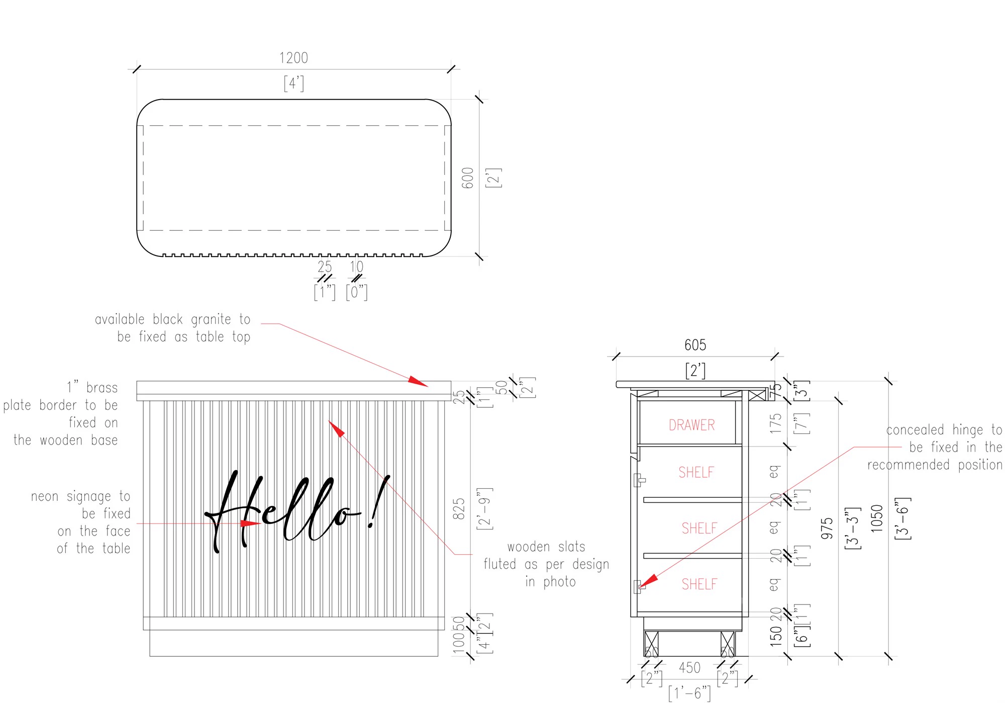 Working drawing of the reception desk with dimensions and finishes
