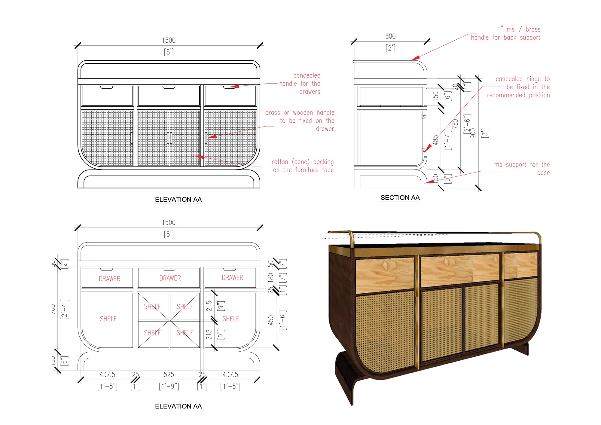 Working drawing of the service table in elevation and section