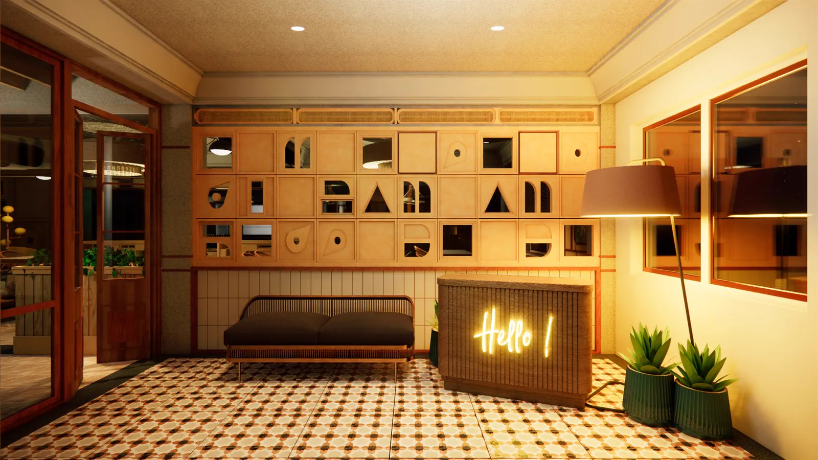 Render of the entry, with the jaali wall above the fluted reception desk