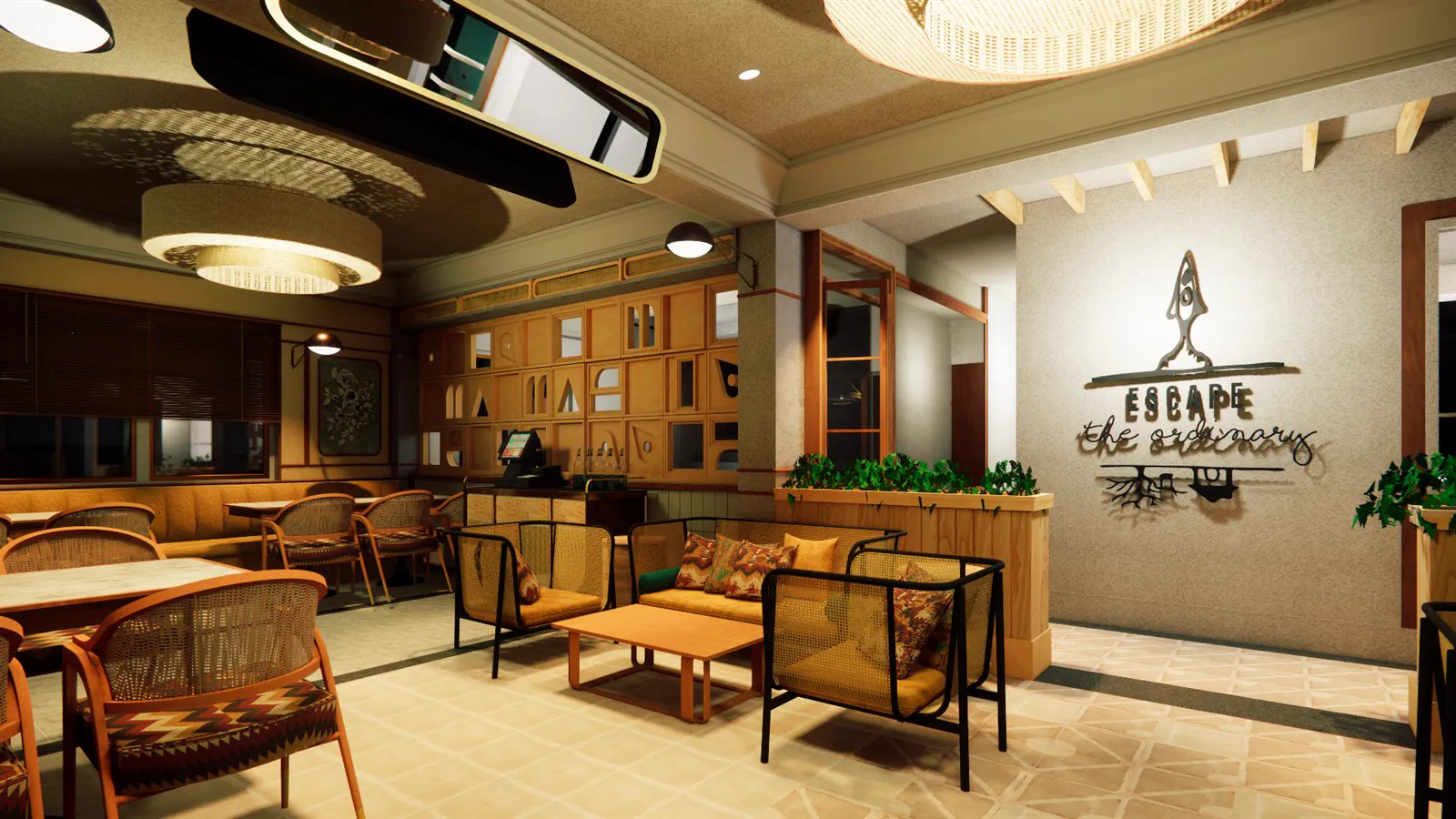 Render looking across the lounge seating to the wall signage
