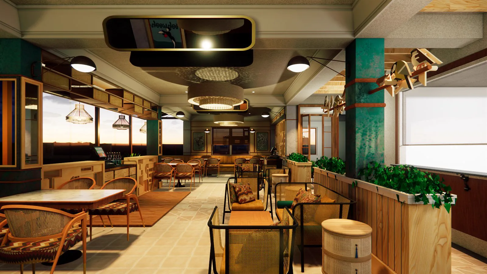 Render of the full dining room at sunset