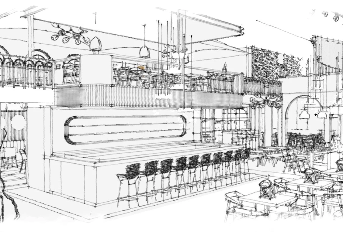 Line drawing of the bar as the central focal point with the deck above