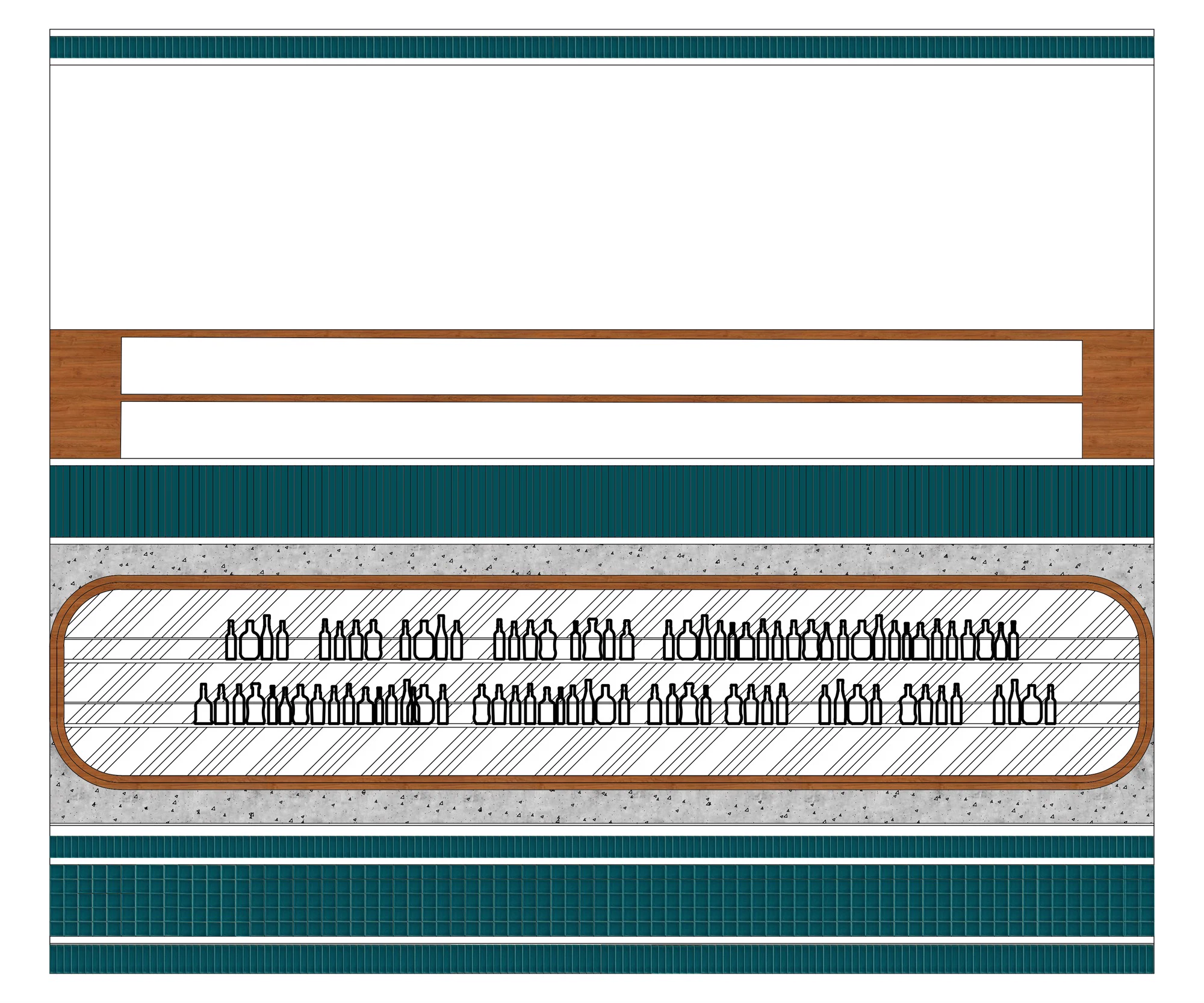 Elevation of the back bar in teal banding with a long bottle display