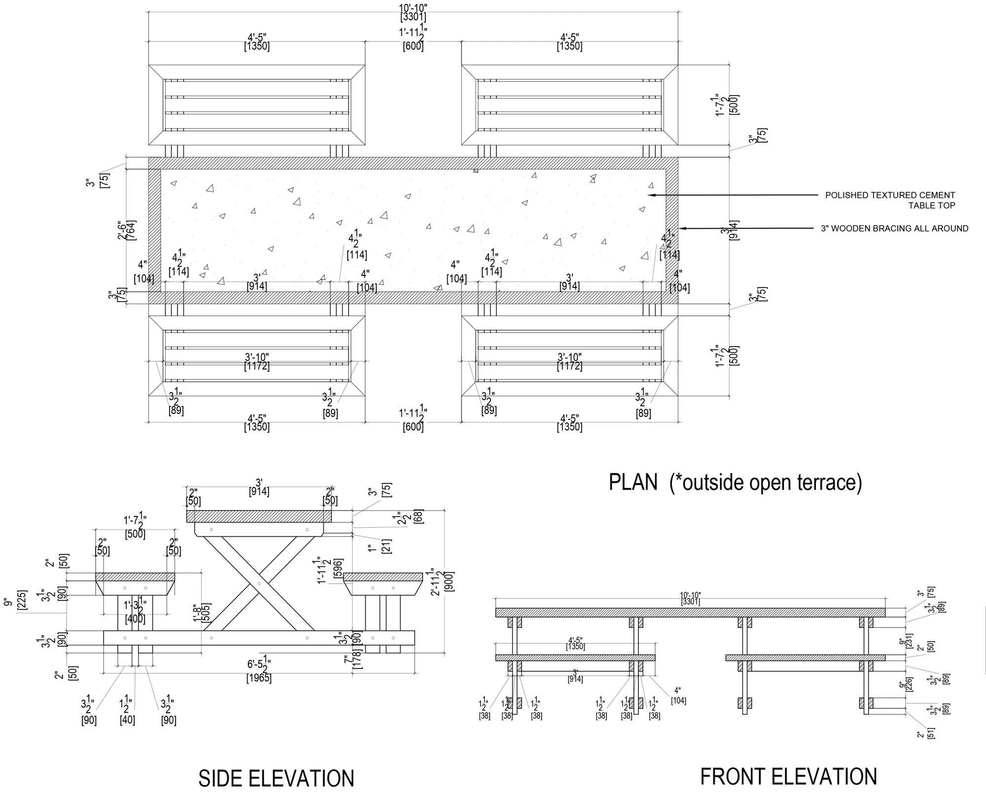 Working drawing of the custom terrace bench and table