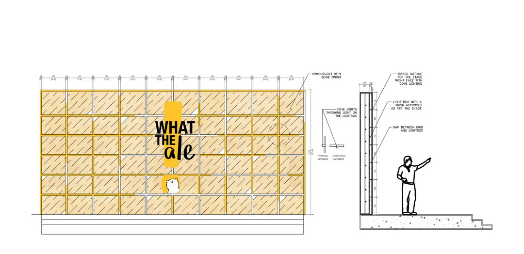 Working drawing of the stage backdrop in elevation and section