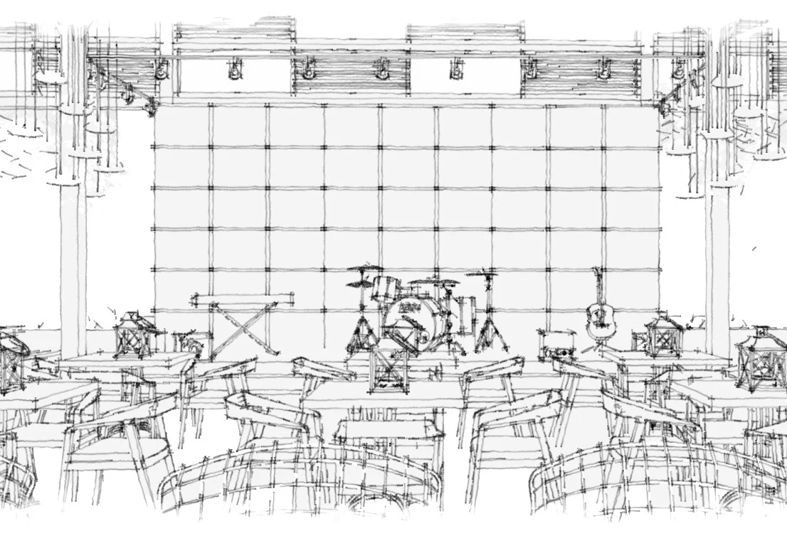 Line sketch of the stage and its gridded backdrop